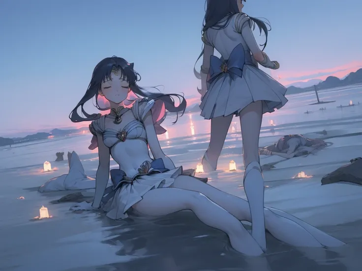 6+ girls, pile of corpse, closed eyes, perfect anatomy, sailormoon, scenery, sky