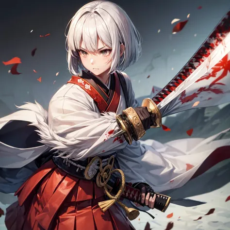 japanese battlefield、white fluffy short bob hair、angry samurai、Sword、Japanese Katana Sword、contraction、Bloody、Dignified、military outfits、pleatedskirt