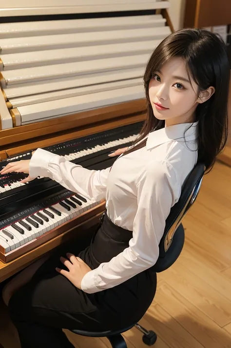 Super Beautiful Office Lady、(((sit on a chair and play an electronic organ)))、(((top-quality, ​masterpiece))), (((ighly detailed)))