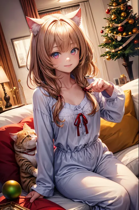 of the highest quality, High resolution, The perfect human structure, Focus of the figure, Front view, Glowing hair, Glowing eyes, Cat ears, Winters, Christmas, clew, Happy, pajamas, Overall angle, Medium chest, livingroom, Happy laughter, Gradient Eyes, s...