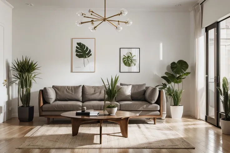 You are a famous interior designer，I was asked to create a 3D image of a modern large-scale research. Create a harmonious environment with modern and minimalist furniture. Contains several houseplants，Make it look fresher.