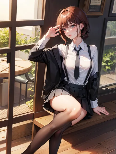 A woman wearing a shirt and JK skirt，With a tie，Wearing suspender stockings on the legs，Sit there，Exposing the abdomen，The figure is good，The head is not exposed，[ 4K realism ]!!, [ 4K realism ]!!!, [ 4K digital art ]!!, Realistic shadow perfect body, real...