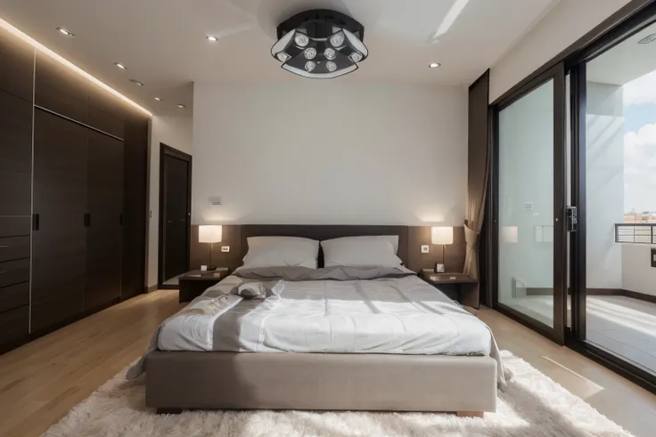 Imagine um ultramoderno, Dual-use rooms that optimize space and integrate advanced technology. Rooms are compact, Cama inteligente de parede，Can be controlled through the app, Elegante, Mesa flutuante com carregamento sem fio integrado, Janelas de vidro in...