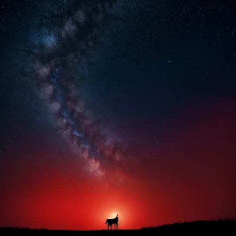 Makoto Shinkai anime style，Red background with moon and starry sky, and the bright and dreamy prospect of a dog