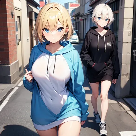 2D Anime Style、Blue eyes、breasts are slightly larger、A cool adult woman with short blonde hair and a cool expression、Walk around town wearing an oversized hoodie that reaches your knees like a dress........,