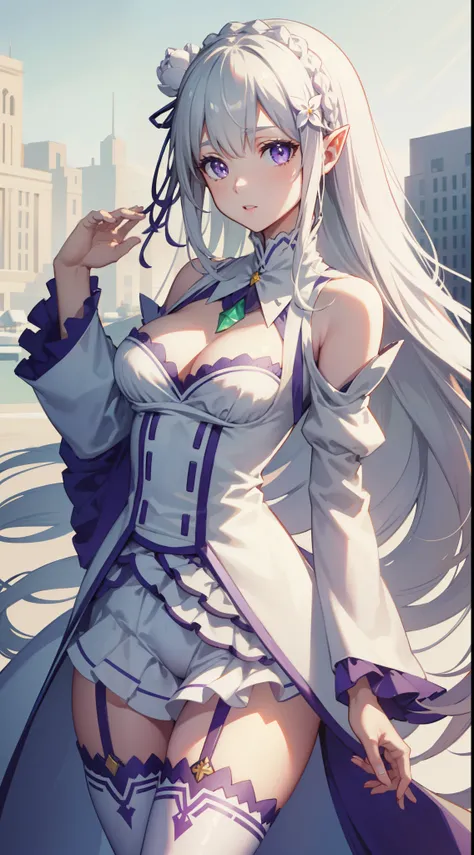 rezeroemilia, emilia, braid, crown braid, flower, hair flower, hair ornament, hair ribbon, long hair, pointy ears, (purple eyes:1.2), white hair, x hair ornament,
BREAK white bunny suit, sexy, skin tight, medium breasts, cleavage, bunny ears, fishnets, gar...