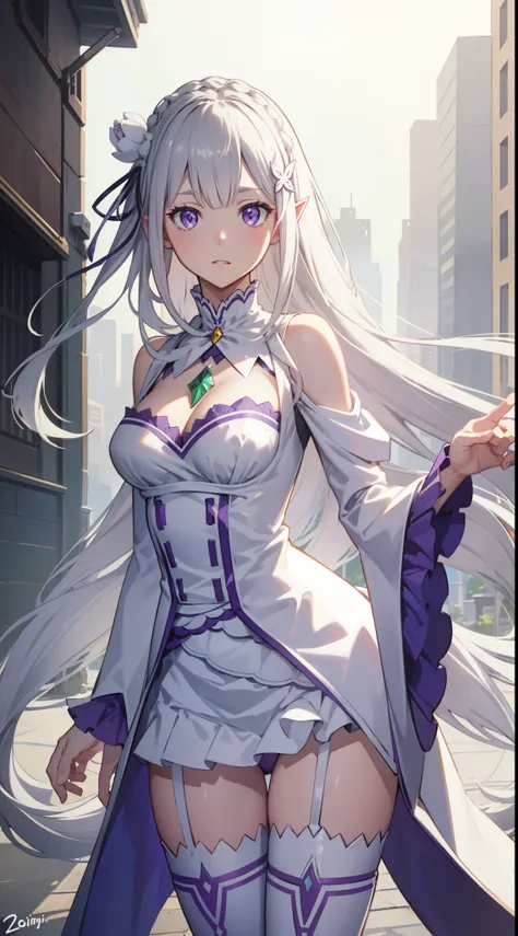 rezeroemilia, emilia, braid, crown braid, flower, hair flower, hair ornament, hair ribbon, long hair, pointy ears, (purple eyes:1.2), white hair, x hair ornament,
BREAK white bunny suit, sexy, skin tight, medium breasts, cleavage, bunny ears, fishnets, gar...