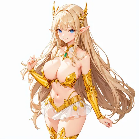 ​masterpiece、top-quality、ighly detailed、hight resolution、１６ｋ、fullnude、teats、Boob proportions、golden armour、Very thin skirt、Black pants、Full body like、Very white skin、Beautiful fingers、Anime girl with very big breasts posing naked、Perfect Style、elvish、no-br...