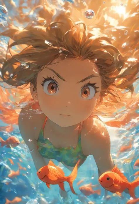 foreshortening,  depth of fields, tmasterpiece, Best quality at best, 1个Giant Breast Girl, Brown hair, Brown eyes,  long whitr hair, under the water, airbubble, Alone, looking at viewert, swimmning,  Mottled sunlight，In the water，The sun shines into the wa...