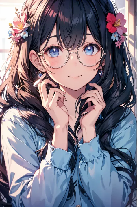 ((round glasses)), an image of a pretty girl in glasses, with a long hair, and a pretty flower in her hair, 1girl, solo, glasses...