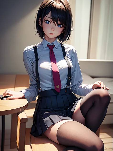 A woman wearing a shirt and JK skirt，With a tie，Wearing suspender stockings on the legs，Sit there，Exposing the abdomen，The figure is good，The head is not exposed，[ 4K realism ]!!, [ 4K realism ]!!!, [ 4K digital art ]!!, Realistic shadow perfect body, real...