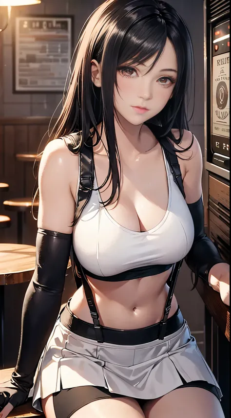 8k,masterpiece, bset quality,big, (1 girl), tifa lockhart, red_eyes, black hair, long hair, professional lighting, (shiny skin: 1.2), shiny big, ((best quality)), sharp focus: 1.2, highly detailed face and skin texture, detailed eyes, perfect face, perfect...