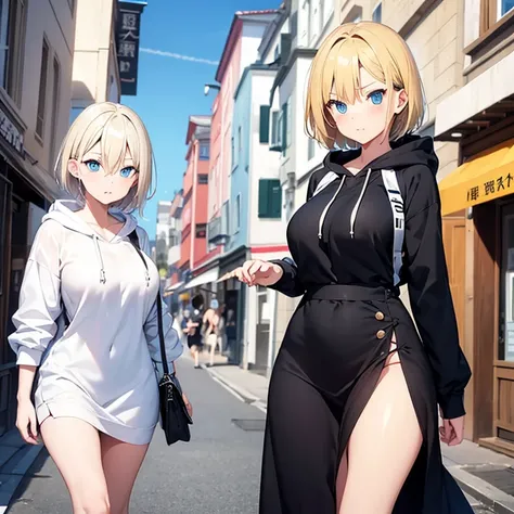 2D Anime Style、Blue eyes、breasts are slightly larger、A cool adult woman with short blonde hair and a cool expression、Walking around town wearing an oversized black knee-length hoodie like a dress.........,