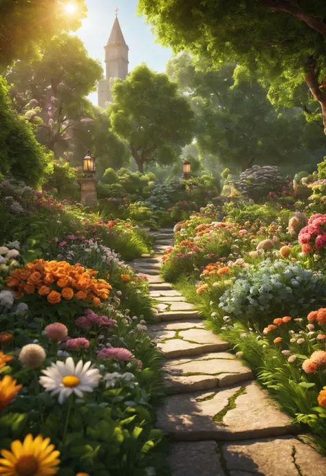 (extremely detailed CG unity 8k wallpaper, masterpiece, best quality, ultra-detailed), (best illumination, best shadow, an extremely delicate and beautiful), flower garden, lush greenery, sunlight streaming through, depth of field, warm and inviting ambian...