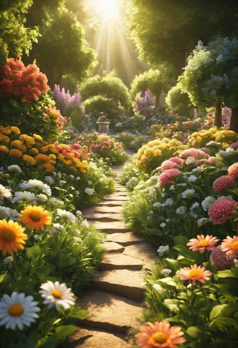 (extremely detailed CG unity 8k wallpaper, masterpiece, best quality, ultra-detailed), (best illumination, best shadow, an extremely delicate and beautiful), flower garden, lush greenery, sunlight streaming through, depth of field, warm and inviting ambian...