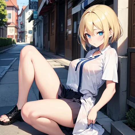 2D Anime Style、Blue eyes、breasts are slightly larger、A cool adult woman with short blonde hair and a cool expression、Walking around town wearing a knee-length oversized white shirt like a dress.........,