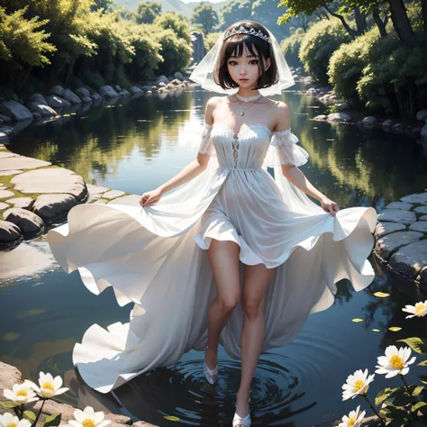 walking on water、The whole body turns around、8K、realphoto、超A high resolution, Master Parts, Best Quality, nffsw , cinematic images,Lovely girl、ann、1６age、Anglo-Saxon、二重まぶた、drooing eyes、Very big eyes、Dark eye shadow、The lips are very thin、The tip of the nose...