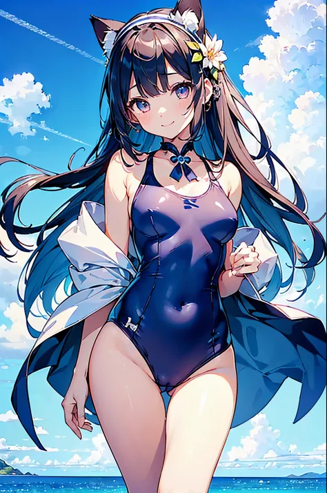 ((2D beautiful girl、top-quality、Perfect fingers:1.1、perfect anatomia:1.1、Dress perfectly、face perfect：1.1、Beautiful illustration))、(transform sequence)、((cute decorative headbands、Idol style swimsuit)、14years、Solio、hime、Fractal Art、baby-face、((stright long...