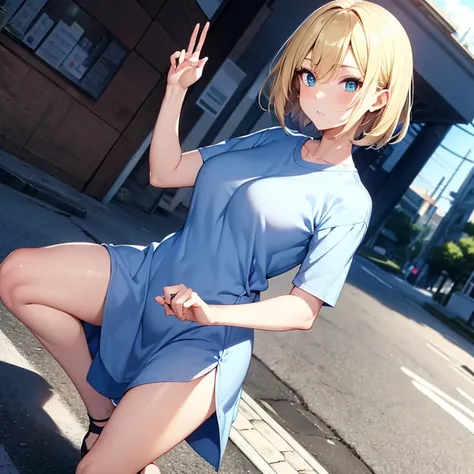 2D Anime Style、Blue eyes、breasts are slightly larger、A cool adult woman with short blonde hair and a cool expression、make a gesture of combing one&#39;s hair、Walking around town wearing a knee-length oversized shirt like a dress.........,