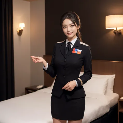 ((top-quality、masutepiece、8K、Top image quality、Hyper-Realism))、(1 photo:1.5)、(1 real female stewardess:1.3)、(standing elegantly:1.1)、(cowboy  shot:1.5)、((The background is a bedroom in the most luxurious luxury hotel:1.5)、(Perfect authentic stewardess unif...