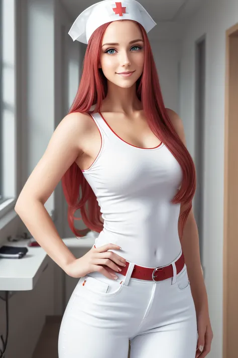 A young nurse in tight white jeans stands in the hospital, Cameltoe, Beautiful  eyes, feines Gesicht, Arm supported, smil, Red long locks, fotorealistisch