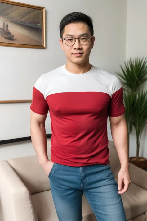 Andrew thomas huang, oval face, eyeglasses, neat muscular, (red mix white tshirt), jeans, living room