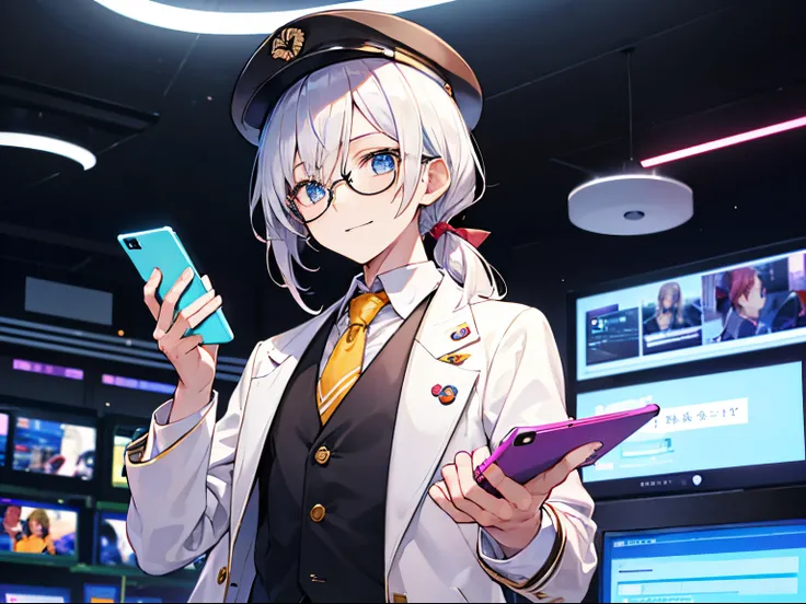 （masutepiece）（high-detail）male in his 20s、white  hair、poneyTail、Hats、tailcoat、neck tie、He wears round glasses with no rims、holding a smartphone in one hand、bright expression、Happily、Background with（It&#39;s like science fiction、Computer LCD screen floating...