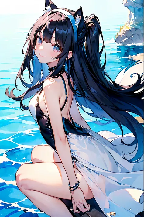 ((2D beautiful girl、top-quality、Perfect fingers:1.1、perfect anatomia:1.1、Dress perfectly、face perfect：1.1、Watercolor style))、(transform sequence)、((cute decorative headbands)、cute white and black swimsuit、14years、Solio、hime、Fractal Art、baby-face、((stright ...