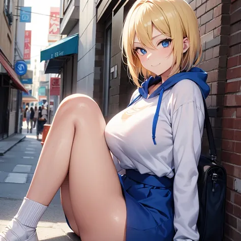 2D Anime Style、Blue eyes、breasts are slightly larger、A cool adult woman with short blonde hair and a shy smile on her face.、Wear a knee-length oversized hoodie like a dress, Walk around town while touching your hair...........,