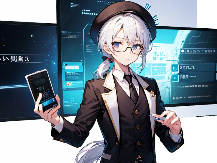 （masutepiece）（high-detail）male in his 20s、white  hair、poneyTail、Hats、tailcoat、neck tie、He wears round glasses with no rims、holding a smartphone in one hand、bright expression、Happily、Background with（It&#39;s like science fiction、Computer LCD screen floating...