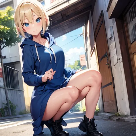 2D Anime Style、Blue eyes、breasts are slightly larger、A cool adult woman with short blonde hair and a shy smile.、Wear a knee-length oversized hoodie like a dress, Walk around town while touching your hair...........,