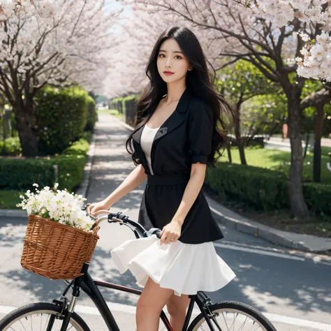 ((tmasterpiece,Best quality at best,Detailed pubic hair)) 8K, 4K, A high resolution, 1个Giant Breast Girl, Alone,  Black hair, long whitr hair, woven, with brown eye, bikes , Riding, Bicycle basket, basket, :3, pathway, on road, blossoms, The tree, SakuraNS...