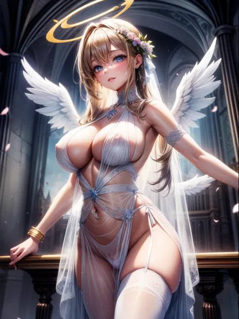 （8K ，hyper-detailing，ultra real photo，Best masterpiece，natural，Perfect artwork，Perfect female body），Cute busty girl ，Hair color，（large tities），Angelic，obsessed，the angels wings，The halo，Beautiful church，beautiful rain of petals，Gorgeous accessories，golden ...