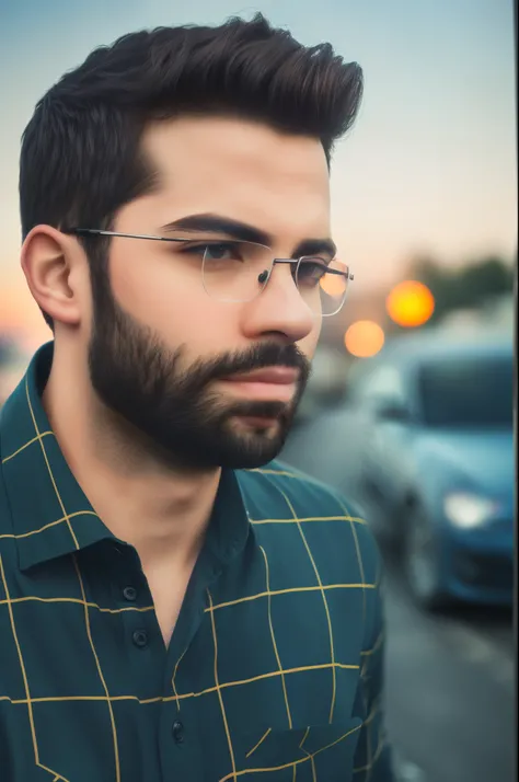 portrait of a modern dark-haired man, detailed face,  in a plaid dark shirt,  on the street of the city, near a blue Audi car, evening, neon, lanterns,  dramatic sky, nature