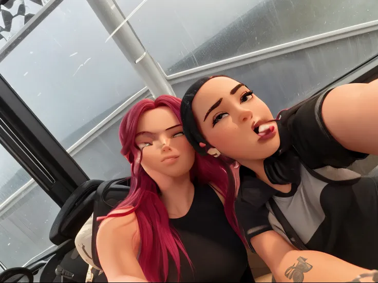 There are two woman taking a selfie. The woman on the left has reddish pink hair that’s down, she is squinting her eyes and pouting her lips , she is wearing a black sleeveless shirt. The woman on the right has black hair that’s tied back, she is sticking ...