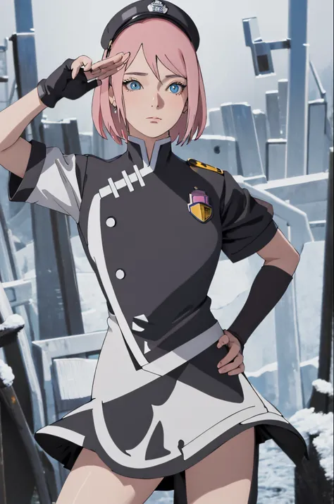 masterpiece, best quality, highres, 1girl, solo, lopink short hair, hat, blue eyes, black gloves, white socks, police uniform, black skirt, short sleeves, cowboy shot, salute, hand on hip,