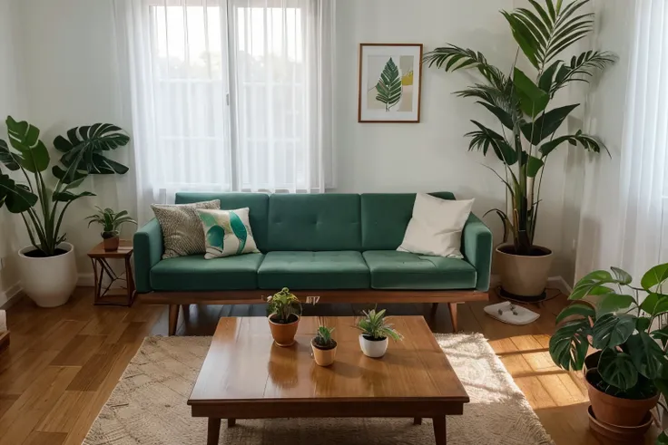 Crie uma imagem que represente uma sala bem iluminada e aconchegante, decorada com plantas de interior exuberantes. As plantas devem estar estrategicamente posicionadas em vasos coloridos, adicionando um toque de verde e frescor ao ambiente. A imagem deve ...