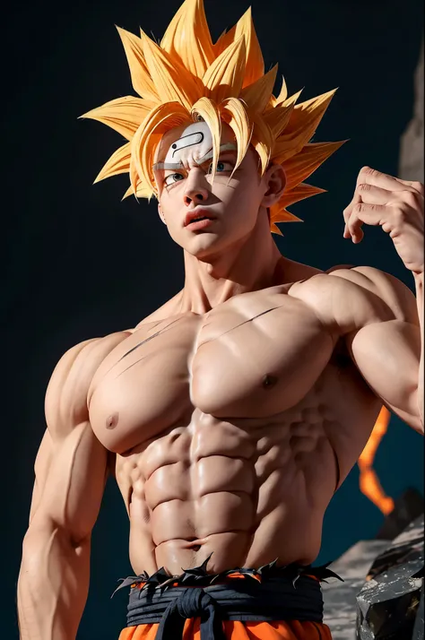 son goku，1boy，Keep ones mouth shut，malefocus，musculous，big muscular male，Rock，obi strip，serious，独奏，spiked hair，topless male，ripped clothing，ultra instinct，黑The eye，Blonde hair，（（tmasterpiece））