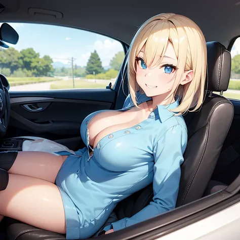 2D Anime Style、Blue eyes、breasts are slightly larger、Short blonde hair with a slight light blue gradation、A cool adult woman with a shy smile....、Black Fashion, Driving a car,