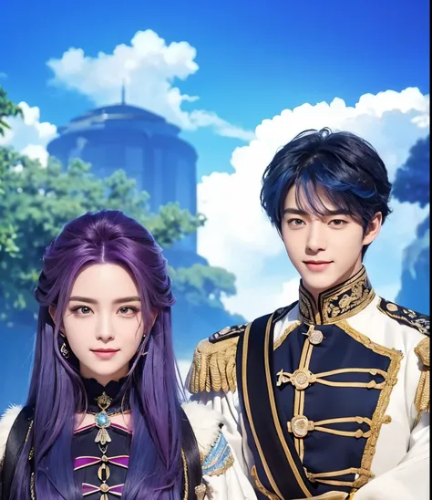 2 people, male and female, female character with realistic long purple hair, (same realistic hairstyle), realistic beautiful face, realistic smiling expression, adapt same realistic clothes,(realistic blue haired male character, (same realistic hairstyle),...