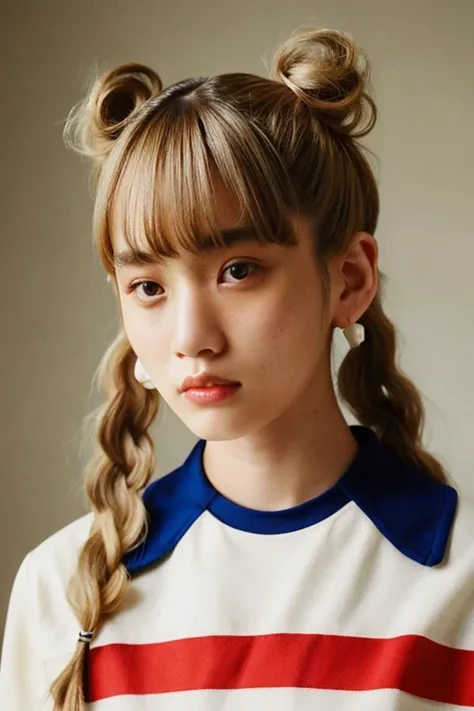 women are beige,20yr old、 twintails hairstyle、Pattsun bangs、Wearing a jersey、Fashion Editorial