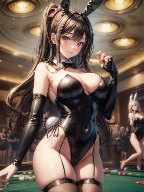 top-quality、Full limbs、complete fingers、one beautiful women、Beautiful busty woman、Women with straight hair、brown haired woman、bunnygirl、((A woman wearing a black bunny girl leotard))、A woman wearing black fishnet stockings、woman wearing a black bow tie、cas...