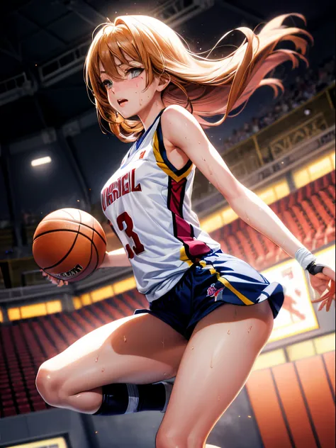 Best Quality, masutepiece,  High resolution, (Anime Heroine Illustration), Anime Paint, 1beautiful girl ,Dynamic Angle,Female basketball players,small head,Large breasts,nice legs, Glowing skin, Sweat,At the basketball venue ,Cool,