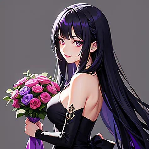 45 degree side face，Beautiful and elegant girl，Black Purple Hair，Wearing long hair，Charming deep purple eyes，black long dress，ssmile，Holding a bouquet，k hd，Gray-purple background，wanting，ellegance