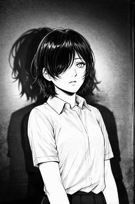 best quality, intricate details, lineart, monochrome,1girl, school uniform, short messy hair, black hair, messy hair, hair over one eye, sharp eyes, shirt