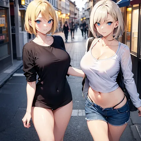 2D Anime Style、Blue eyes、breasts are slightly larger、A cool adult woman with short blonde hair and a serious expression....、showed my stomach,Casual Fashion, Walking around Europe at night,