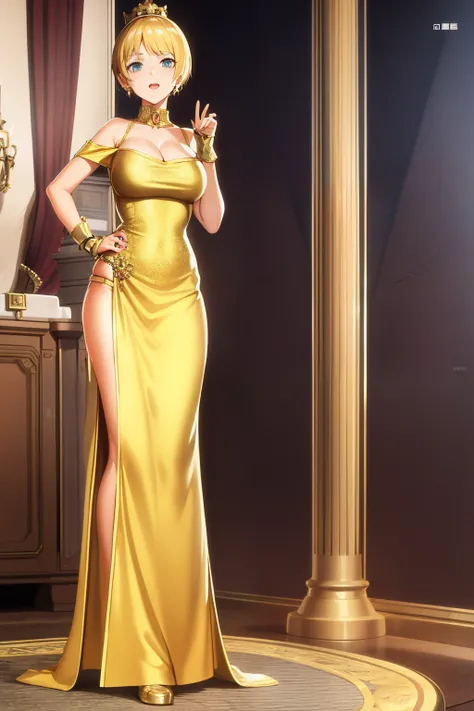 Cute girl, queen, crown, gold, Queen clothes, full body, Golden clothes, grown girl, big girl, adult girl, sexy, sexy body, short hair