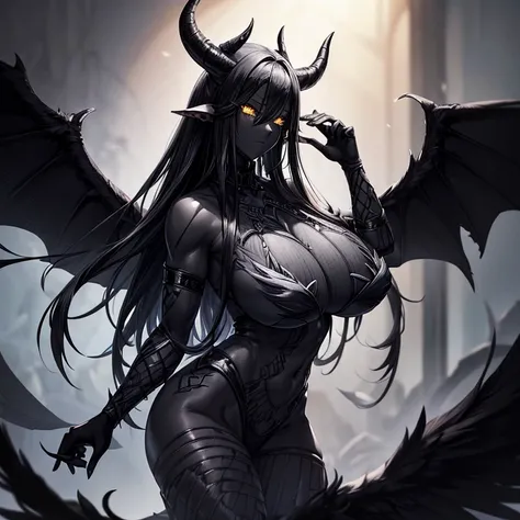 Best quality，A high resolution，One demon，(Pure black skin:1.7)，(a pair of long, curved horns：1.5)，Wings with black feathers，（gigantic cleavage breasts：1.3），（sexy for：1.2），Muscular，huge tit