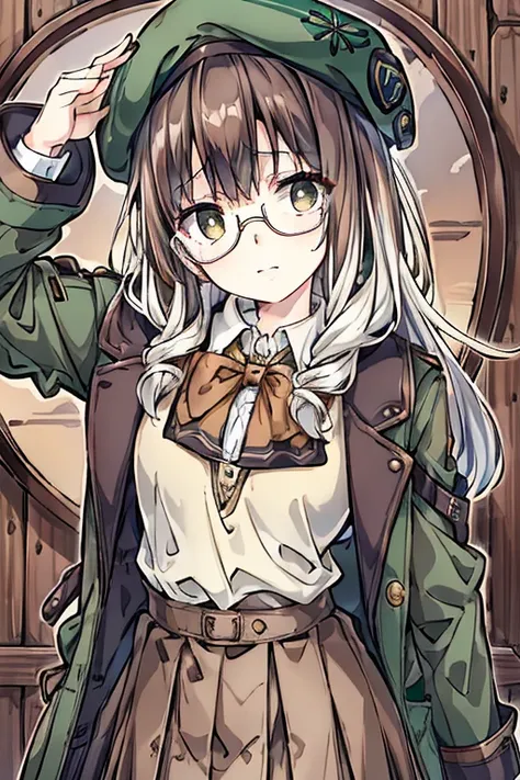 winter,shirt,Glasses with thin rim,White hair,Brown eyes,Brown tie,brown skirt,dark green beret,Dark green jacket,girl with,steampunkai