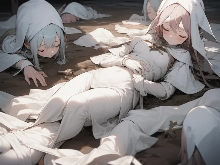 6+ girls, pile of corpse, closed eyes, perfect anatomy, white mage